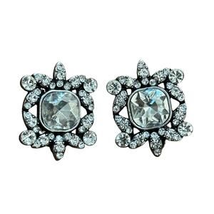 Vintage mid century clip on earrings silver & clear white rhinestones squares